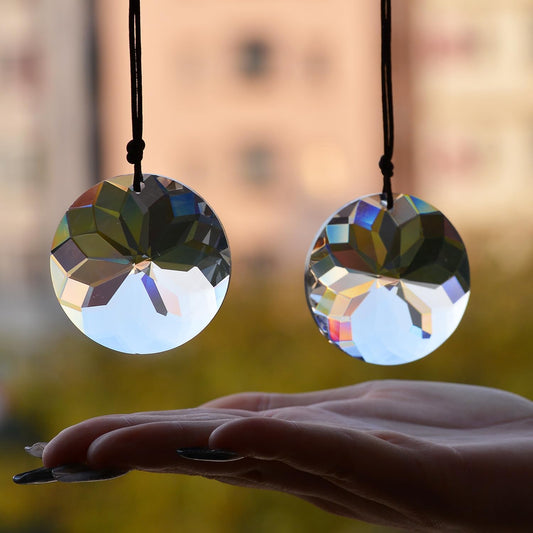 2PCS 5" Circle Crystal Sun Catcher Prisms, STINO Hanging Suncatchers with Glass Prism, Rainbow