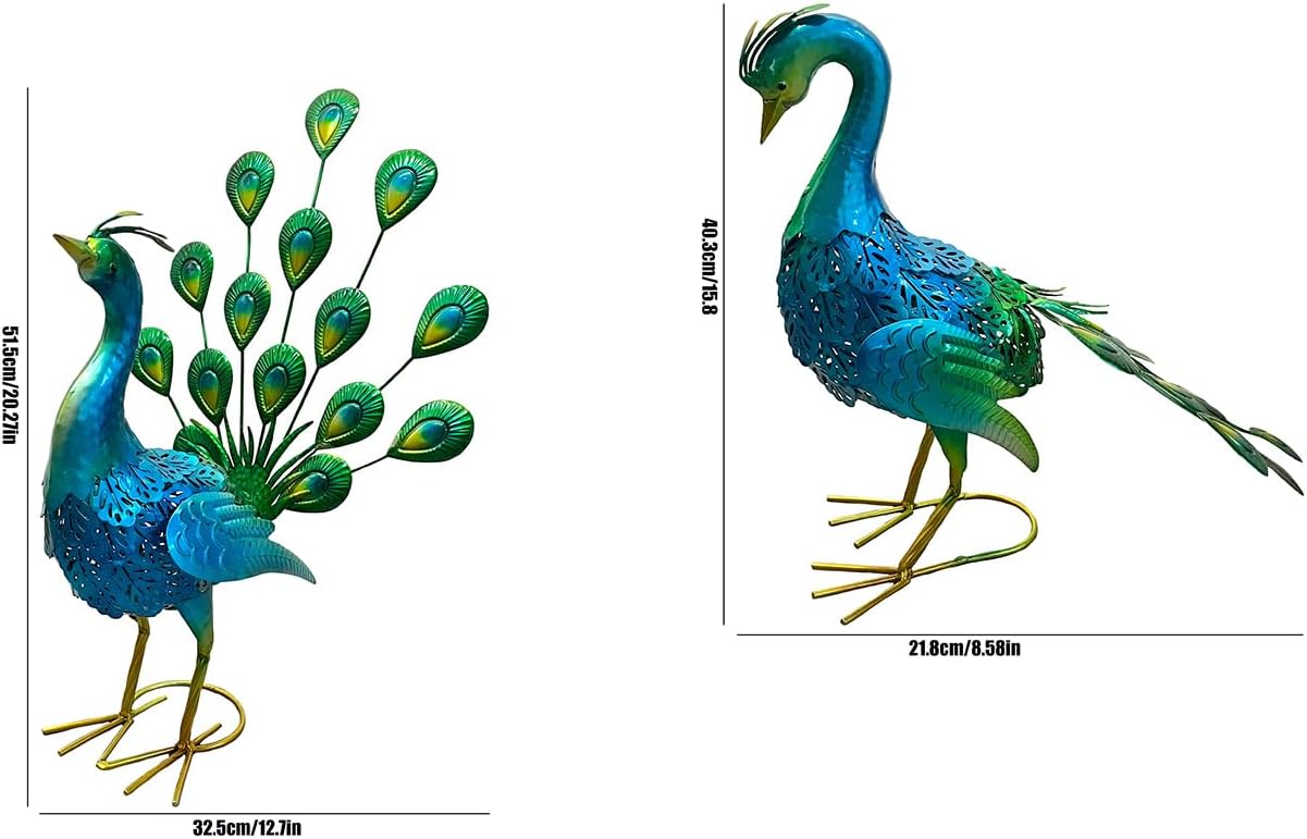 2 Pack Beautiful Peacock Outdoor Garden Statue Ornament Realistic Metal Peacock Lawn Yard Patio Decorations Art Sculpture Outside Decor Gift for Women Grandma Birthday,16" 20" Tall Blue Peacock