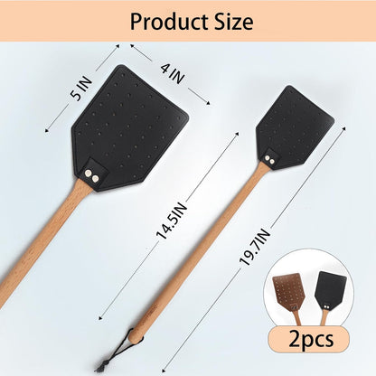 2 Pack Sturdy Leather Fly Swatter for Indoors - (19.7”)Long Handle Heavy Duty Wood Fly Swatter With Hanging Rope, Durable Fly Swatter for Outdoor Rustic Bug Swatter Flies,Mosquitoes And Bees