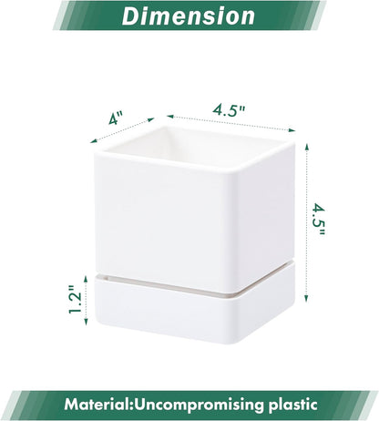 4 Inch Herb Planter Pot, Plastic Planter with Drainage Holes and Saucer, Modern Decorative Gardening Pot for Indoor Plants, Flowers, Herbs, Succulents, White, Set of 6, 76-Y-A-6