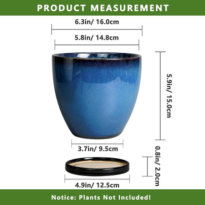 Ceramic Planters for Indoor Plants - 6.8 Inch Plant Pot with Drainage Hole and Saucer Round Modern Planter Home Garden Patio Decor Blue