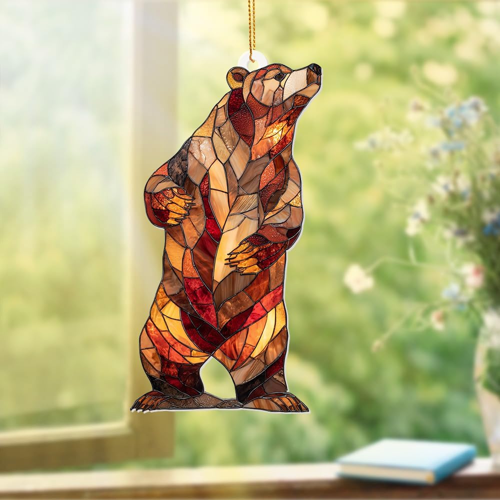 Stained Glass Acrylic Bear Ornament 2025 – Handcrafted Wildlife Christmas Tree Decoration, Rustic Lodge Cabin Décor, Window Hanging Suncatcher Gift for Nature & Animal Lovers (Sun-02)