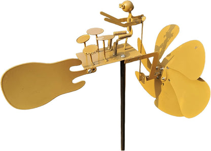 Handmade Metal Drummer Rock Band Windmill, Wind Powered Kinetic Sculpture, Garden Outdoor Wind Mill Spinner for Yard Lawn Garden Patio Rockin Art Figurine Decor (Gold)