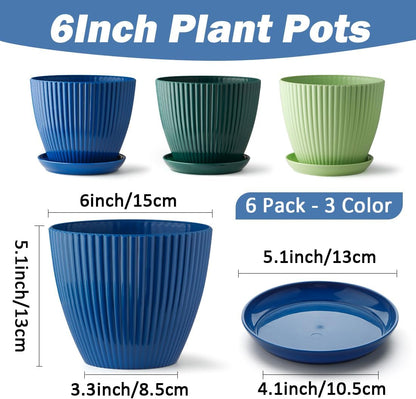6 Inch Plant Pots, Plastic Flower Pots for Indoor Outdoor Plants, Planters with Drainage Holes and Tray Saucers, Cute Succulent Pots Durable and Light Weight (6 Pack)