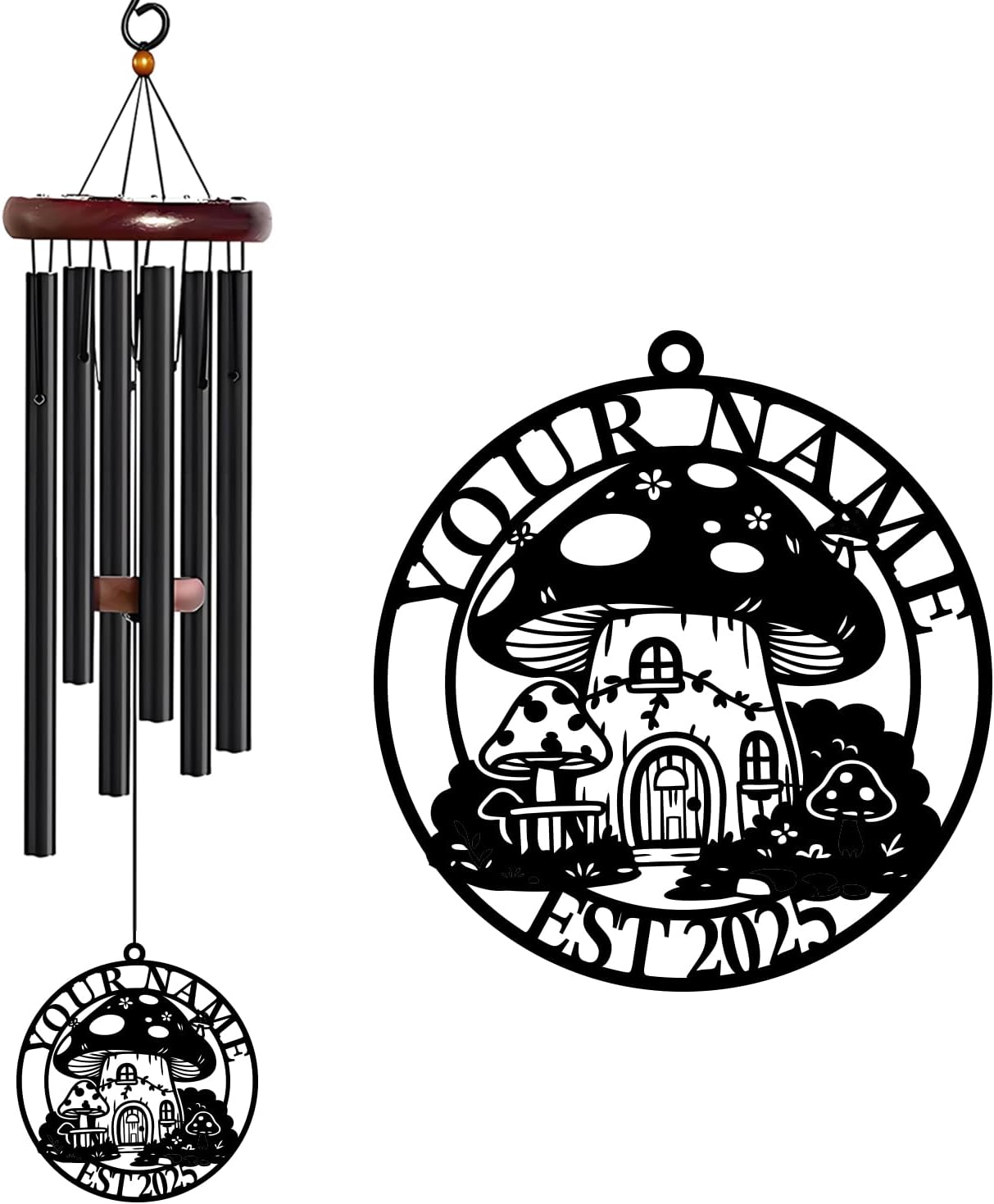 Personalized Customize Name Fantasy Mushroom Wonderland Wind Chime, Metal Iron 37 Inch Outdoor Memorial Gift for Garden Yard Patio Home Decor, Black (Style E)