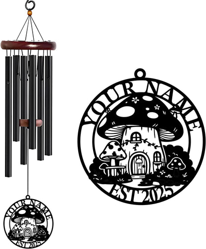 Personalized Customize Name Fantasy Mushroom Wonderland Wind Chime, Metal Iron 37 Inch Outdoor Memorial Gift for Garden Yard Patio Home Decor, Black (Style E)