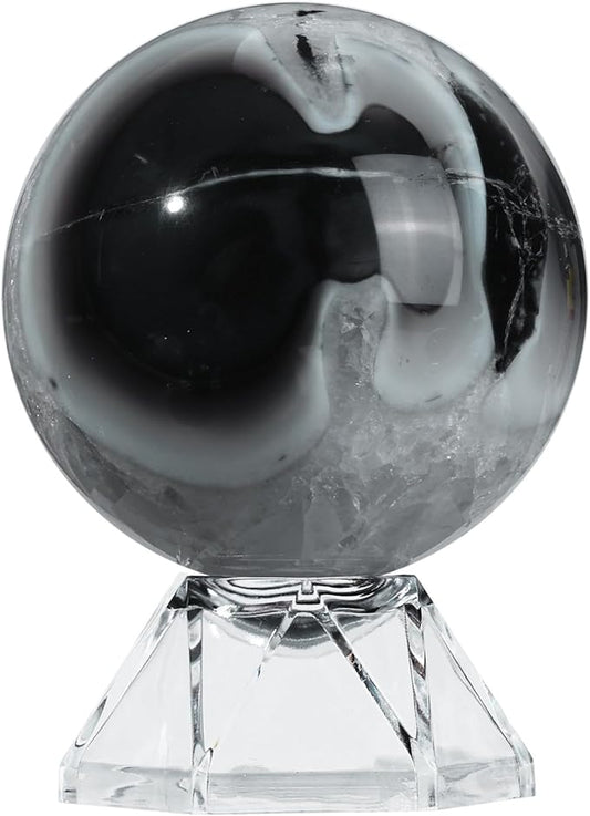 Natural Black Striped Agate Crystal Ball with Acrylic Display Base, 61-70mm Polished Stone Feng Shui Crystal Sphere Meditation Decoration for Home & Office