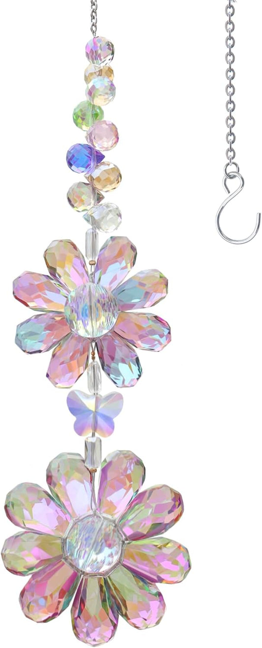 Crystal Flower Suncatcher Hanging Ornament, Rainbow Maker Window Sun Catcher Indoor Outdoor Patio