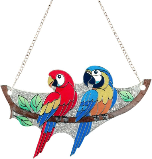 Macaw Bird Stained Glass Suncatcher on Branch 6.4" x 4" Indoor Window Decoration, Ideal Gift for