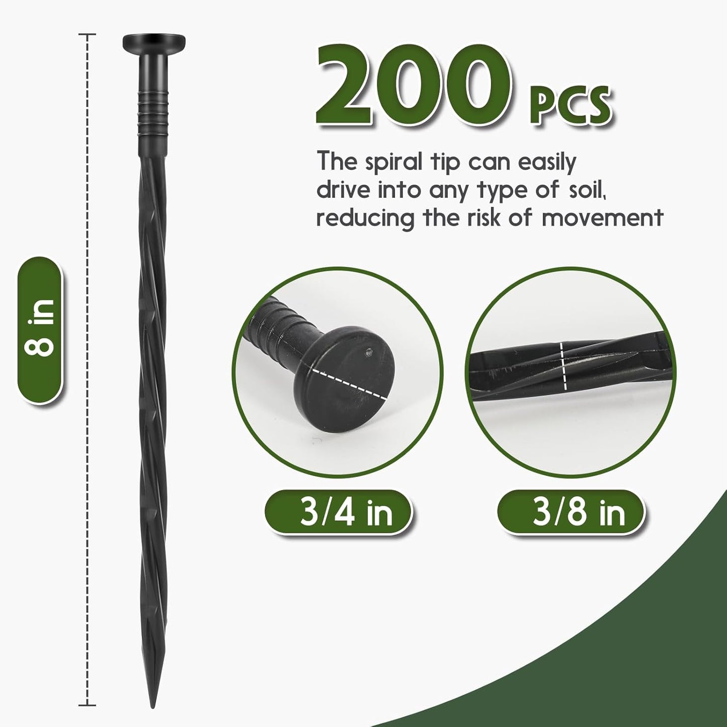 Landscape Edging Stakes, 200 Pcs 8" Plastic Garden Spikes, Spiral Nylon Anchoring Spikes for Paver Edging, Weed Barriers, Artificial Turf, Tent, Grass Pathway and More, Black