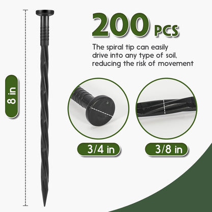 Landscape Edging Stakes, 200 Pcs 8" Plastic Garden Spikes, Spiral Nylon Anchoring Spikes for Paver Edging, Weed Barriers, Artificial Turf, Tent, Grass Pathway and More, Black