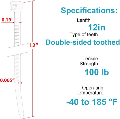 12 Inch Zip Ties Double Sided Toothed,100 LBS Tensile Strength Heavy Duty Cable Wire Ties With Self-Locking Adjustable More Durable Nylon Tie Wraps for Indoor Outdoor（100 Pack）