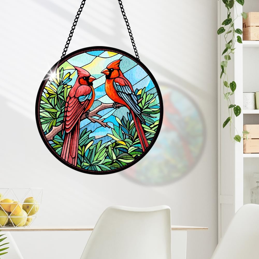 Red Bird Stained Glass Window Hanging, Red Sun Catcher for Window, Botanical Hanging Ornament to Express Sympathy, Bird Bloom Ornament for Wall, Home Decoration, Sympathy Ornament Gifts for Women Men
