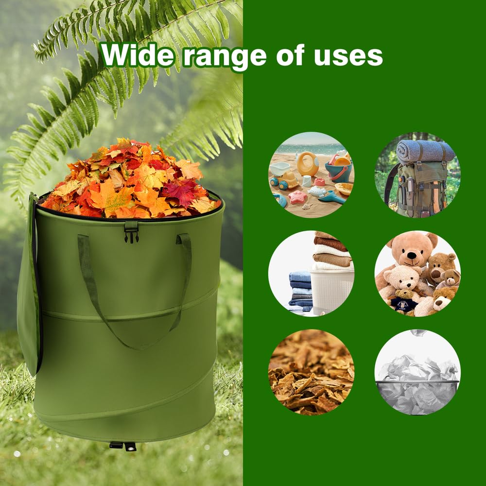 Reusable Lawn and Leaf Garden Bag, Collapsible/Pop Up Trash Can, 18x22 in Garbage Can and Recycling Bin with Lid for Home Storage, Laundry, Camping, Garden (2Pcs-Green 24 Gallons)