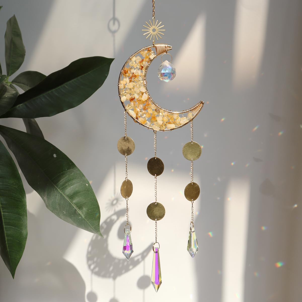 Moon Suncatcher Hanging Decor, Boho Chic Citrine Crystal Sun Catcher, Spritual Sun Light Catcher for Windows, Crescent Moon Housewarming Gift (Citrine)