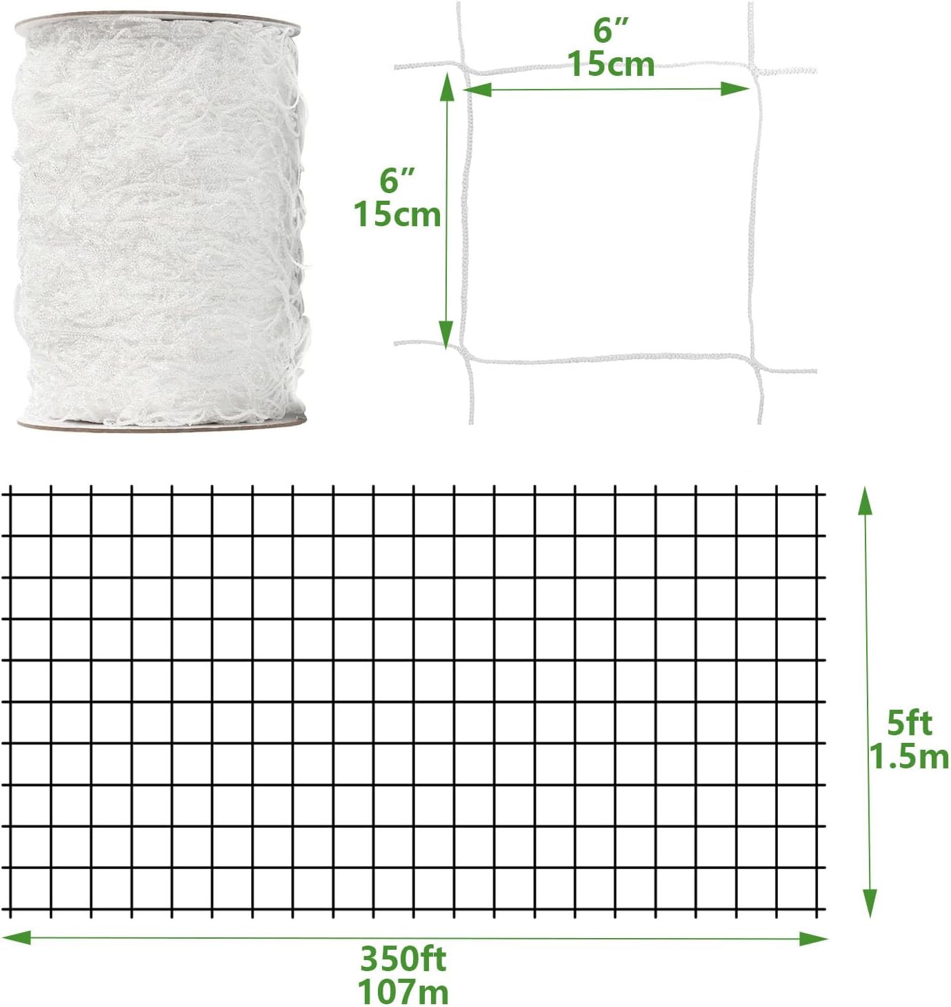 Nylon Trellis Netting Roll 5 x 350 ft, 6 Inch Soft Mesh, Heavy Duty Reinforced Garden Plant Support Mesh for Vertical Growing, Climbing Plants