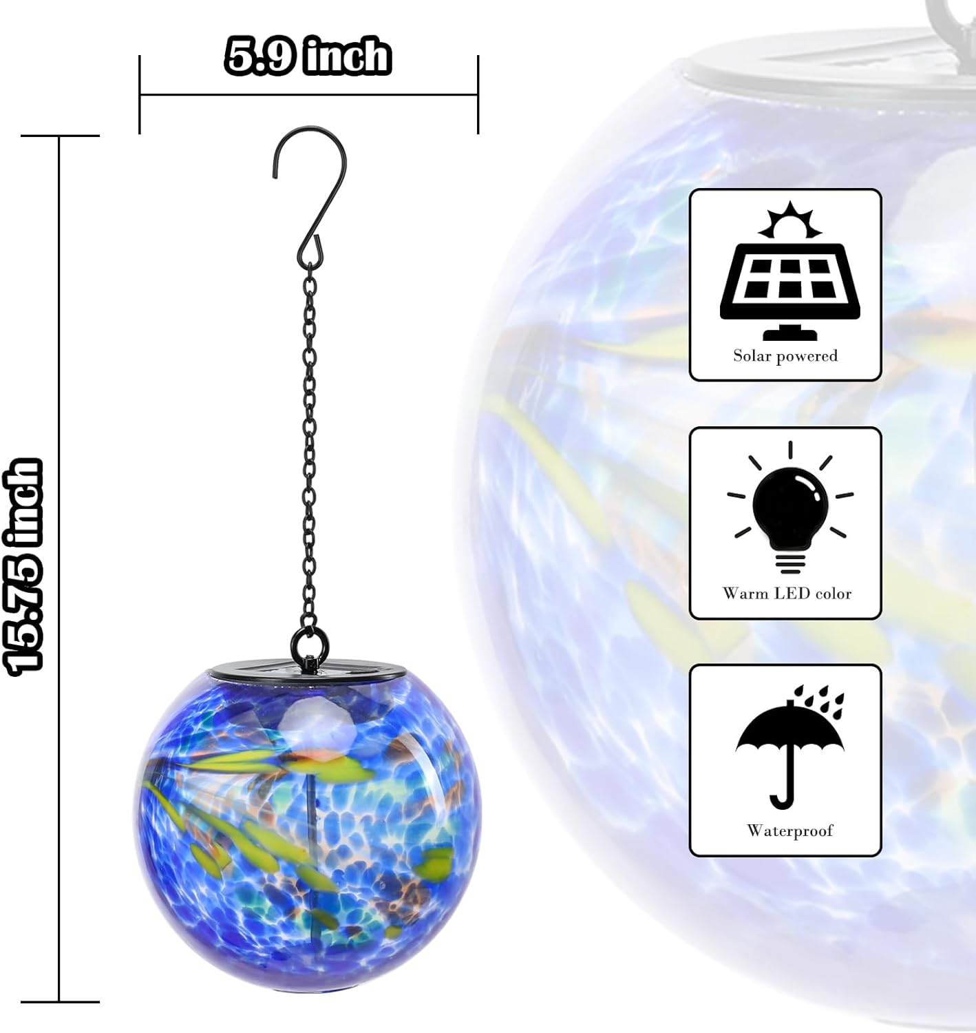 Solar Hanging Lanterns Outdoor Solar Glaze Glass Lantern Globe Hanging Outdoor Lights for Garden Yard Home Decoration Blue