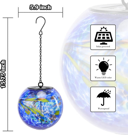 Solar Hanging Lanterns Outdoor Solar Glaze Glass Lantern Globe Hanging Outdoor Lights for Garden Yard Home Decoration Blue