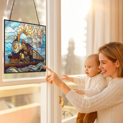 Personalized Rectangle Art Nouveau Steam Train Suncatcher Stained Glass Stained Glass Window Hanging Home Decor Garden Halloween Christmas Wedding Housewarming Gifts