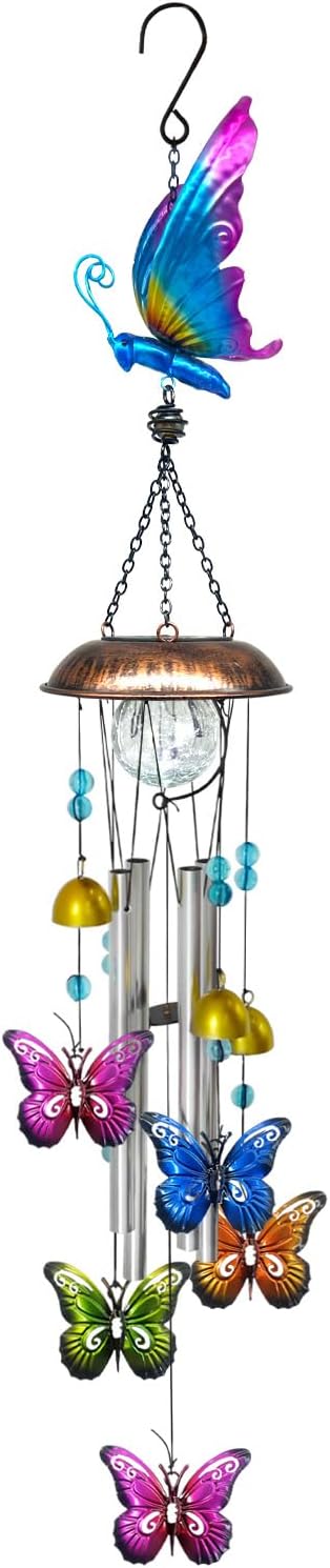 Solar Wind Chimes for Outside, 33.5 Inch Butterfly Wind Chimes Outdoors with Crackled Glass Ball Decorative Hanging in Garden, Yard, Patio
