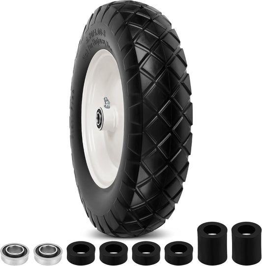 4.80/4.00-8" Flat Free Wheelbarrow Tire and Wheels, 16" Universal Fit Solid Tire with 5/8" or 3/4"