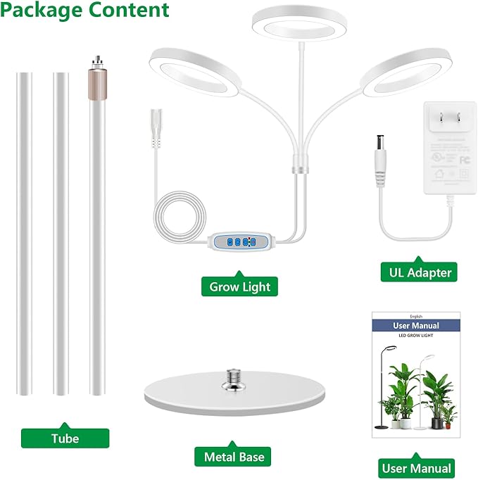 Grow Lights for Indoor Plants, 3 Head Full Spectrum Plant Light with 68" Adjustable Stand for Growing Large Tall Plants, White Halo Floor LED Grow Lamp with 16 Hour Timer