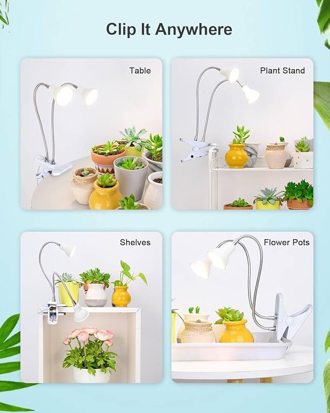 DOMMIA Grow Lights for Indoor Plants,Full Spectrum Grow Light with Warmwhite Red LED,Dual Head Clip Plant Light for Indoor Plants,Manual ON/Off Switch,Adjustable Gooseneck Plant Light for Houseplants