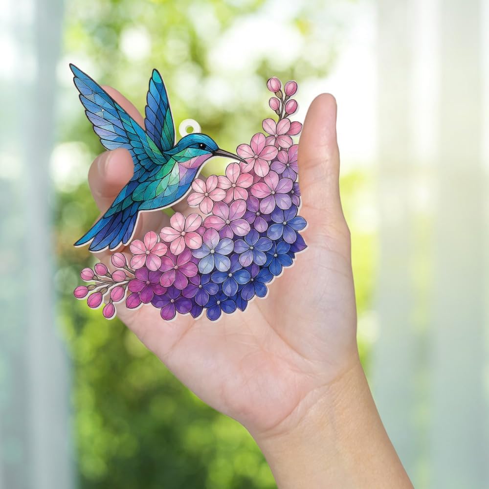 Hummingbird Stained Glass Ornament, Acrylic Window Hanging Suncatcher Decor, Bird Ornament for Car Rearview Mirror, Christmas Tree Decoration, Bookish Gifts for Bird Lovers, Home&Garden Decor(Sun-12)
