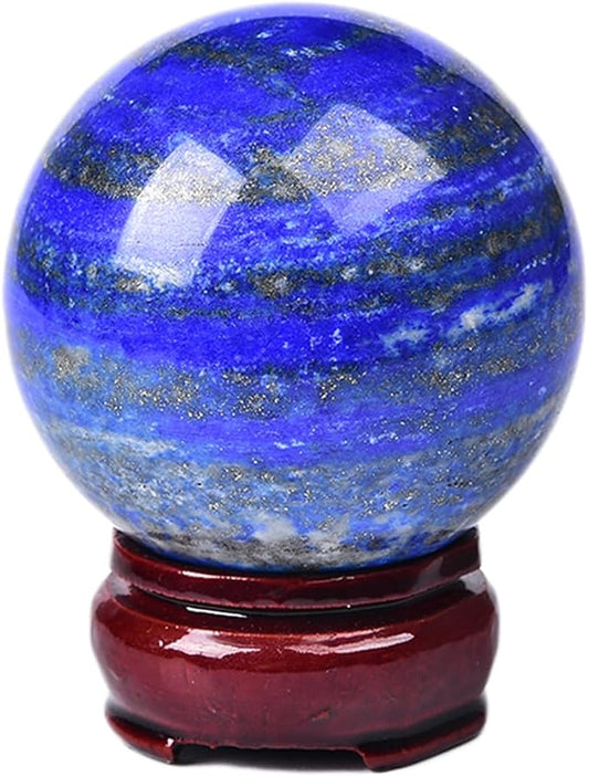 JIC Gem Lapis Lazuli Quartz Crystal Ball with Wooden Stand - Blue Crystal Sphere for Feng Shui Decor & Spiritual Gifts - 60-70mm
