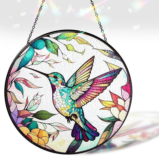 6" Hummingbird Stained Glass Suncatcher, Bird Handcrafted Suncatcher Window Hanging, Nature Floral