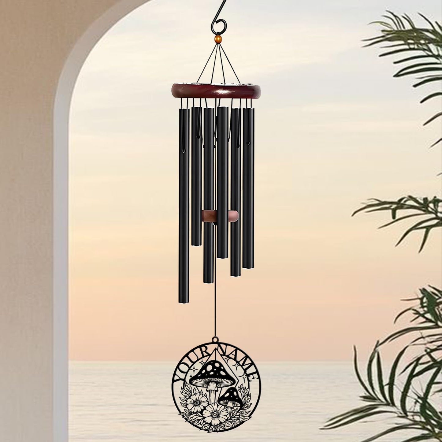 Personalized Customize Name Fantasy Mushroom Wonderland Wind Chime, Metal Iron 37 Inch Outdoor Memorial Gift for Garden Yard Patio Home Decor, Black (Style I)