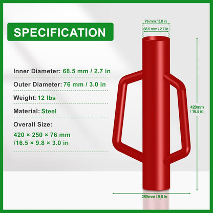 Fence Post Driver with Handle,12LB Hand Post Pounder,2.7 inches Inner Dia. Pole Rammer, Farm Wire Fencing for T Post, Metal Fence Stake and Sign Posts, Red