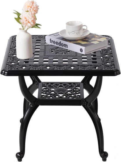21" Cast Aluminum Outdoor Side Table,Small Patio Table,Outdoor Coffee Tables for Patio,Garden,Balcony, for All Weather (Black, Square)