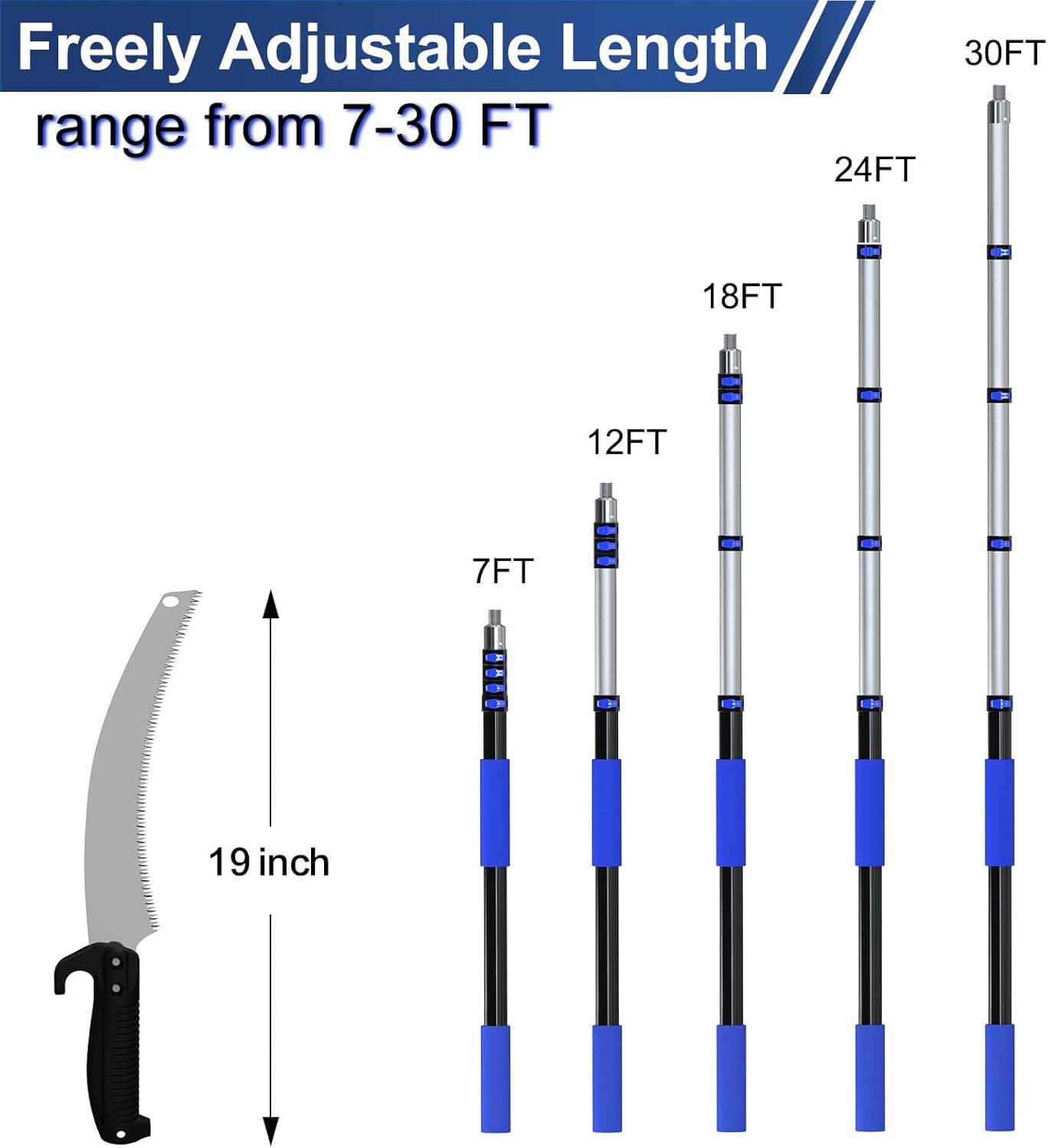 36FT Pole Saw, Telescoping Tree Trimmer with 5-20FT Extension Pole, Manual Branches Pruner for Backyard, Blue