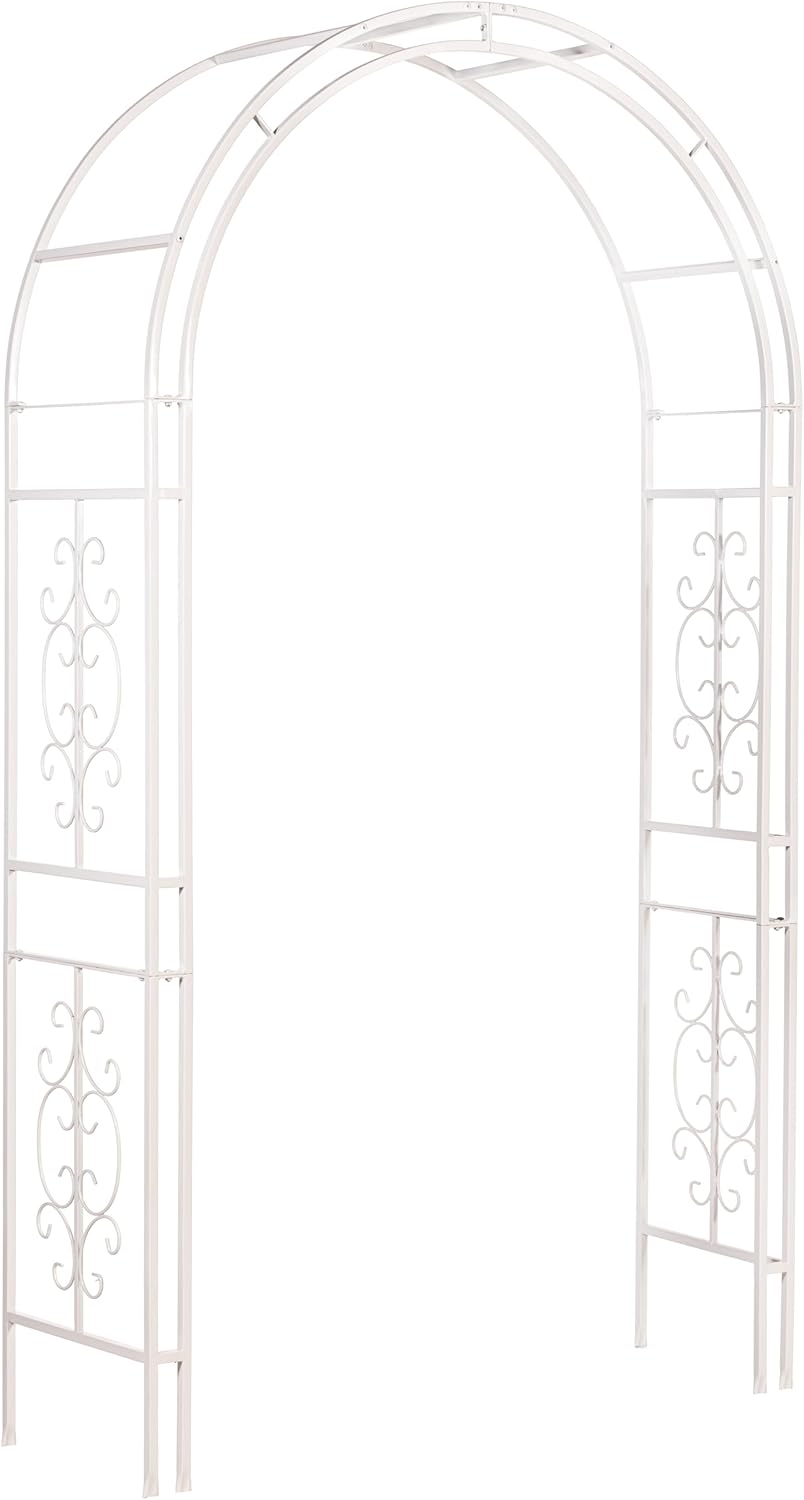 Evergreen Plow & Hearth Montebello White Garden Arbor - 7 Feet Tall | Slim Metal Arch with Iron Trellis for Climbing Plants | Elegant Wedding Arbor | Outdoor Patio & Garden Decor