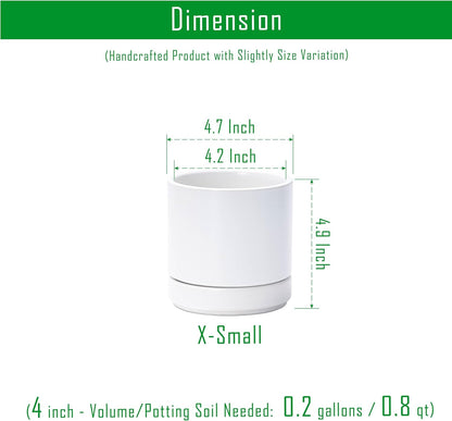 D'vine Dev Set of 2 Plants Pot, 4.7 Inch Ceramic Planter Pot for Plants with Drainage Hole and Saucer, White, 94-V-B-1