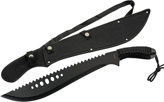 Szco Supplies 21” Full-Tang Curved Sawback Machete with Cord-Wrapped Handle, 420 Stainless Steel Blade, and Nylon Sheath for Camping, Hiking, and Survival