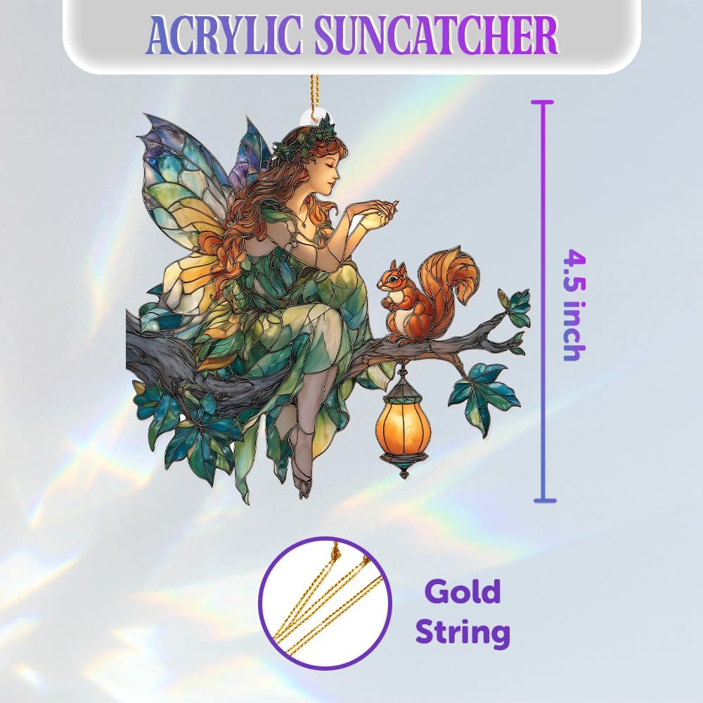 Fairy Ornament Acrylic Suncatcher – Stained Glass Style Fairy Sitting on Branch with Squirrel & Lantern, Fantasy Window Hanging Decor, Enchanted Forest Ornament, for Women (Sun-33)