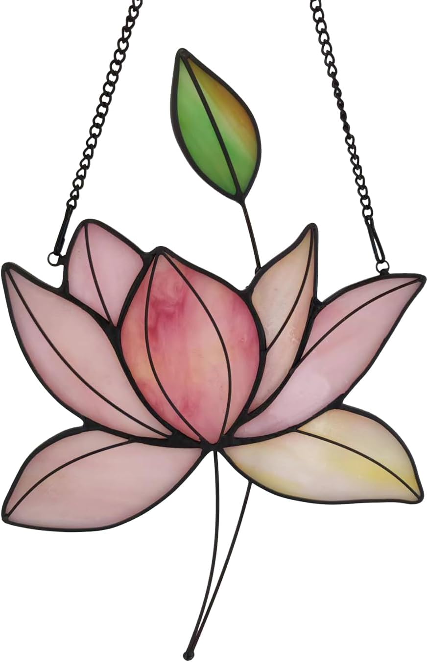 Stained Glass Lotus Flower Window Hanging Sun Catcher Holiday Decoration Window Panels Birthday Gifts for mom,Woman and Friends (Pink)