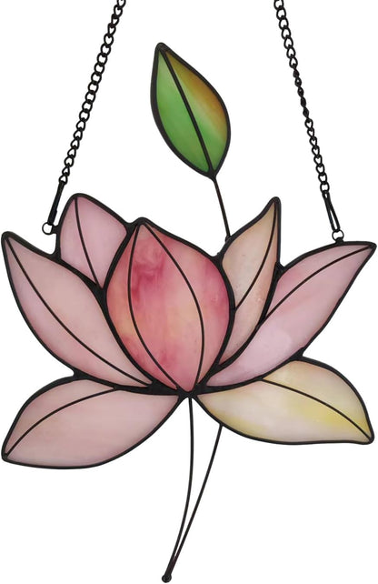 Stained Glass Lotus Flower Window Hanging Sun Catcher Holiday Decoration Window Panels Birthday Gifts for mom,Woman and Friends (Pink)