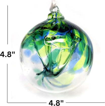 Green Tree of Life Glass Globe - Large 4.7 inch Hand Blown Handmade Hanging Garden Gazing Ball Indoor Outdoor Home Decor
