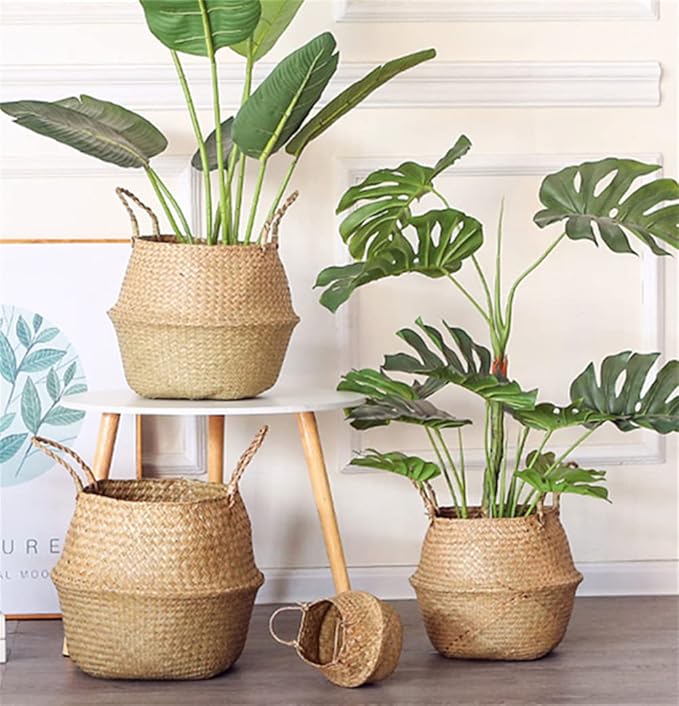 DOKOT Seagrass Plant Basket with Handles, Woven Storage Basket, 7inch Diameter x 8inch Height