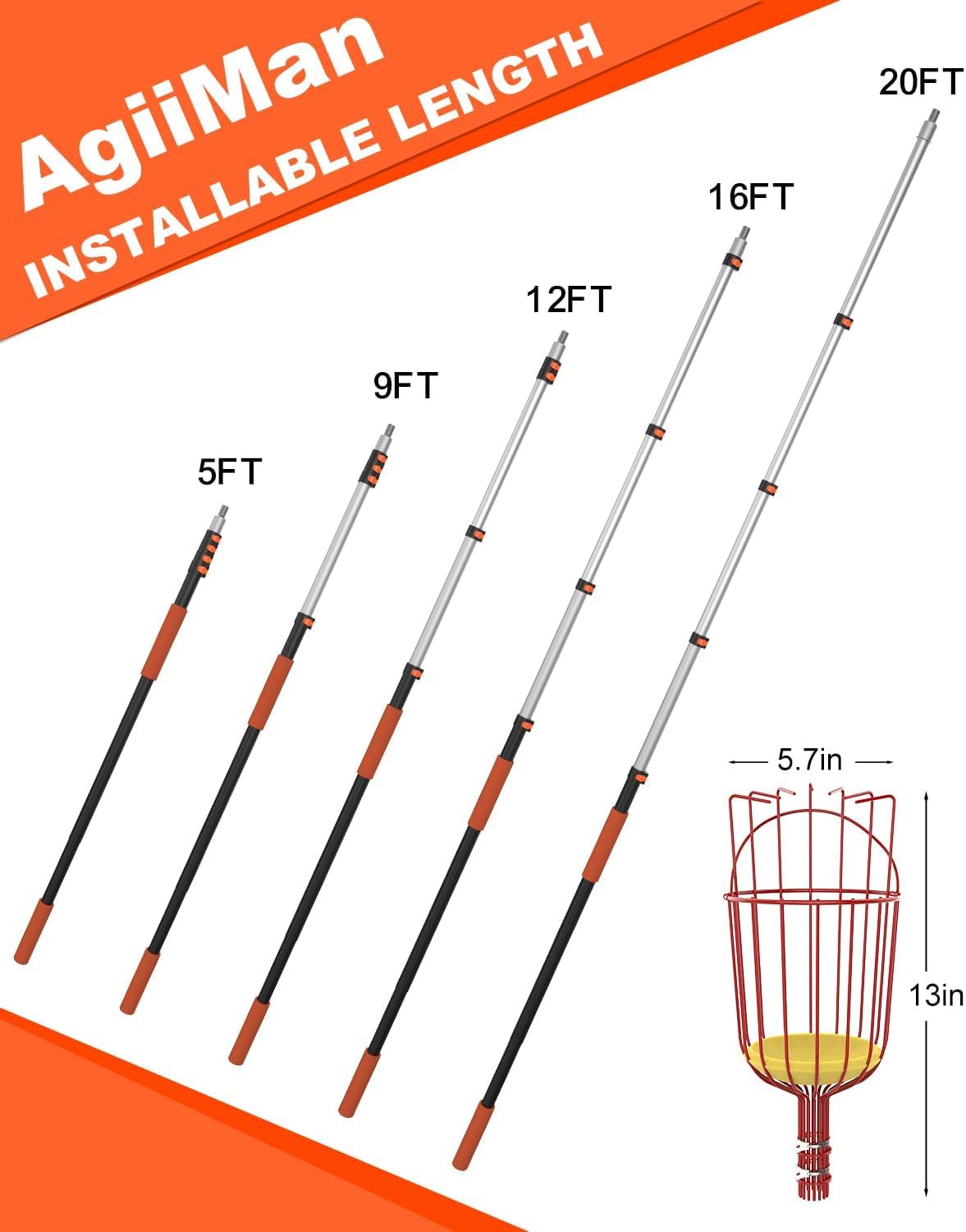 AgiiMan 5 to 20 FT Fruit Picker Pole - Reach to 26 FT Fruit Picker with Telescopic Extension Pole, Lightweight and Sturdy Aluminum Telescopic Pole, Easy to Assemble Fruit Picking Basket