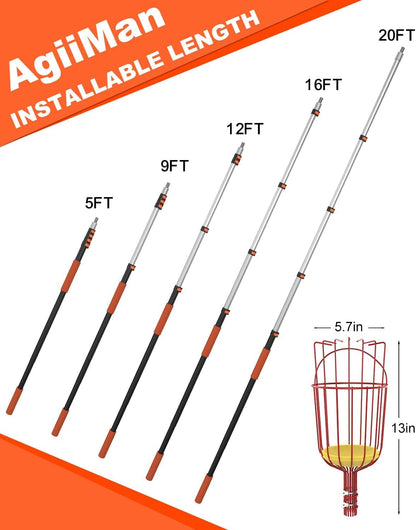 AgiiMan 5 to 20 FT Fruit Picker Pole - Reach to 26 FT Fruit Picker with Telescopic Extension Pole, Lightweight and Sturdy Aluminum Telescopic Pole, Easy to Assemble Fruit Picking Basket