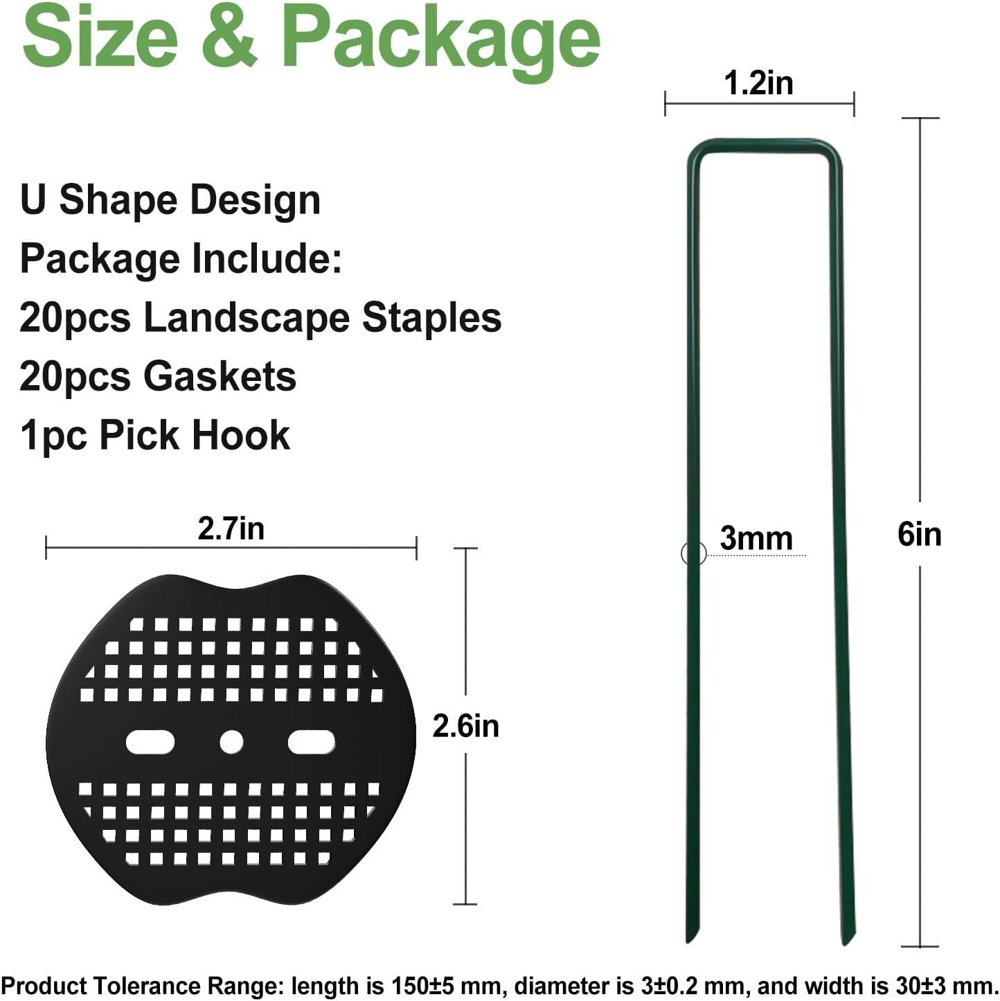 FOTMISHU Landscape Staples 6 Inch 20pcs Garden Stakes + 20pcs Gasket, Lawn Pins with Spray Coating Craft, 11Gauge Anti-Rust Ground Yard Spikes Anchoring for Outdoor Tents Irrigation Hoses (Green)