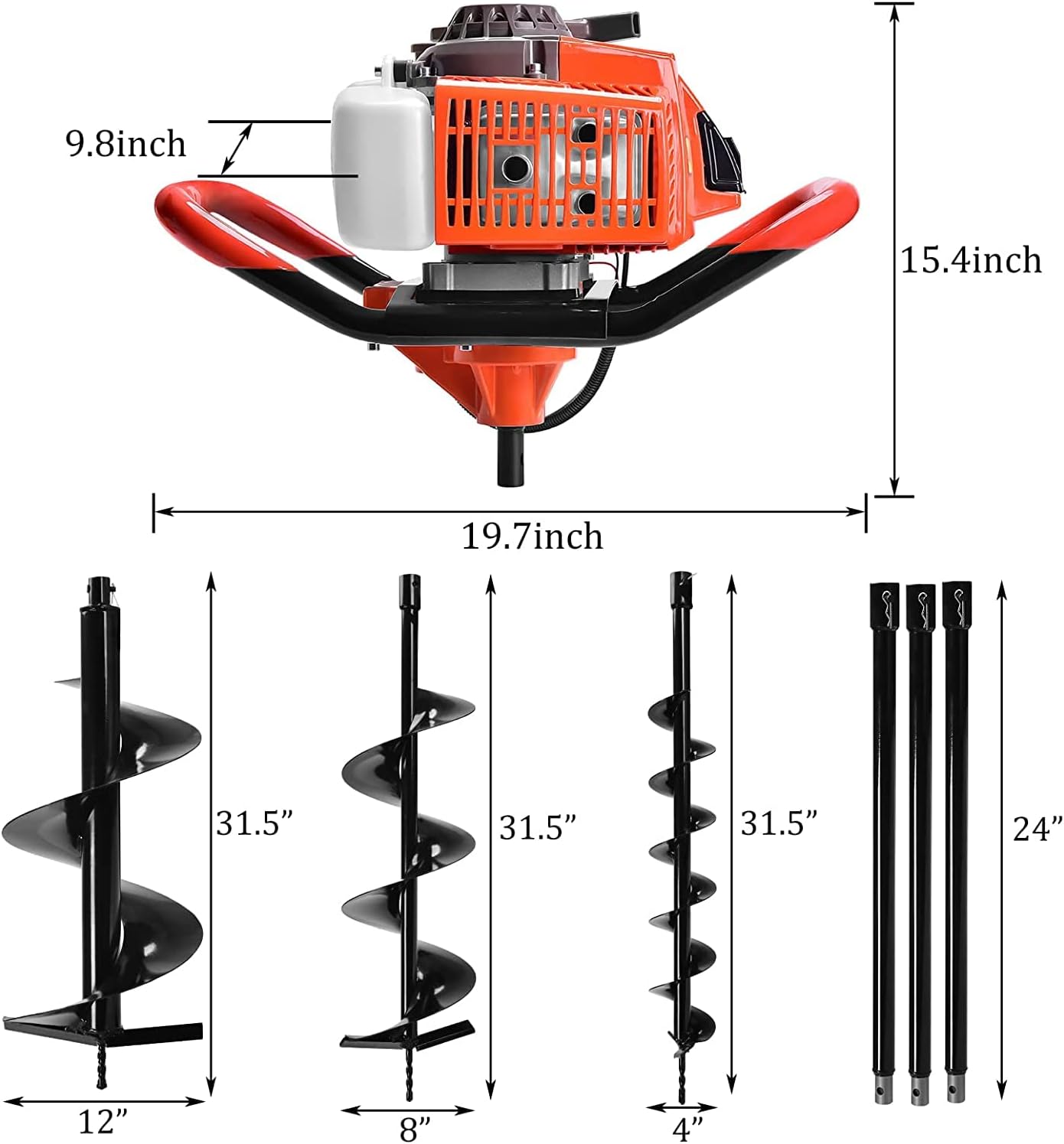 72CC Post Hole Digger,2-Stroke Auger Post Hole Digger Gas Powered Earth Digging Engine with 3 Auger Drill Bits (4"& 8" &12")+3 Extension Rods for Farm Garden Plant