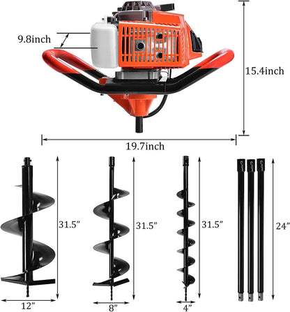 72CC Post Hole Digger,2-Stroke Auger Post Hole Digger Gas Powered Earth Digging Engine with 3 Auger Drill Bits (4"& 8" &12")+3 Extension Rods for Farm Garden Plant