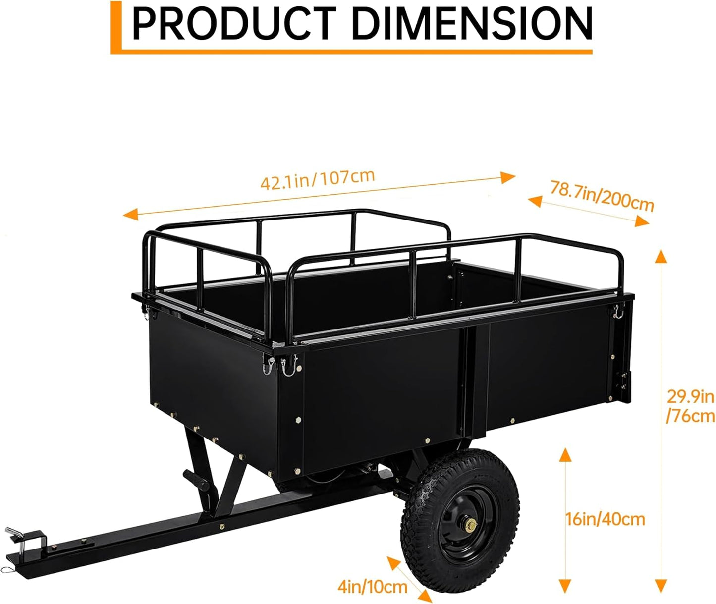 750 LBS Heavy Duty ATV Trailer Tow Behind Steel Dump Cart, 15 Cu. Ft Garden Utility Trailer with Removable Sides & Rear Hitch for Riding Lawn Mower Tractor, Black