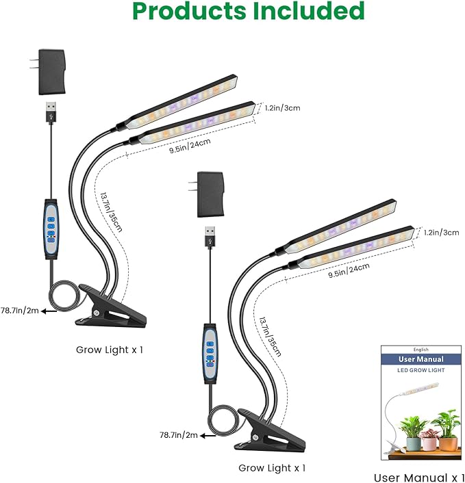 Grow Light Clip on 2 Pack, 228 LED Full Spectrum Plant Lights for Indoor Growing, 2 Head Black Arm Grow Lamp with Gooseneck, 6/12/16H Timer, 5 Dimming, 3 Light Mode