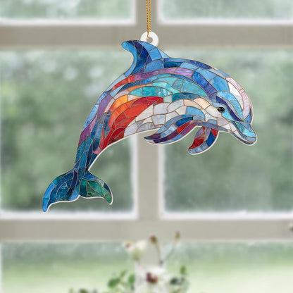 Dolphin Stained Glass Ornament, Ocean Marine Life Window Hanging Suncatcher Acrylic Decor, Nautical Animal Ornament for Home, Car Mirror, Beach House, Collectible Gift for Dolphin Lovers(Sun-08)